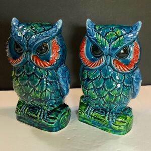 Vintage Tilso Owl Figurines Set 2 Hand Painted on Branch Blue Japan #38